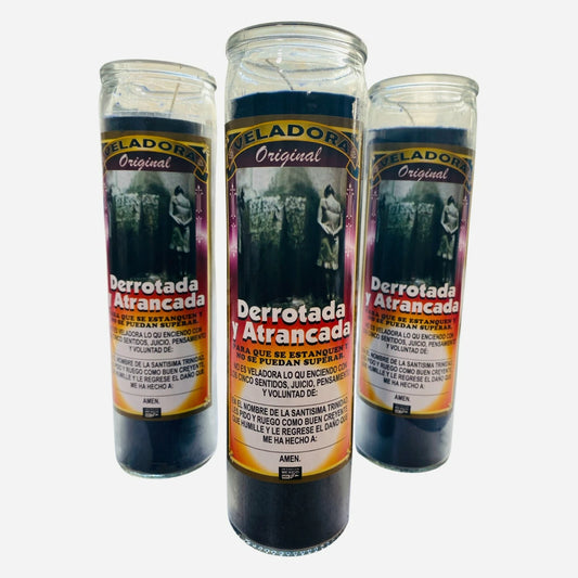 "Defeated and Stuck Black Candle "  "Derrotada y Atrancada Veladora Negra "