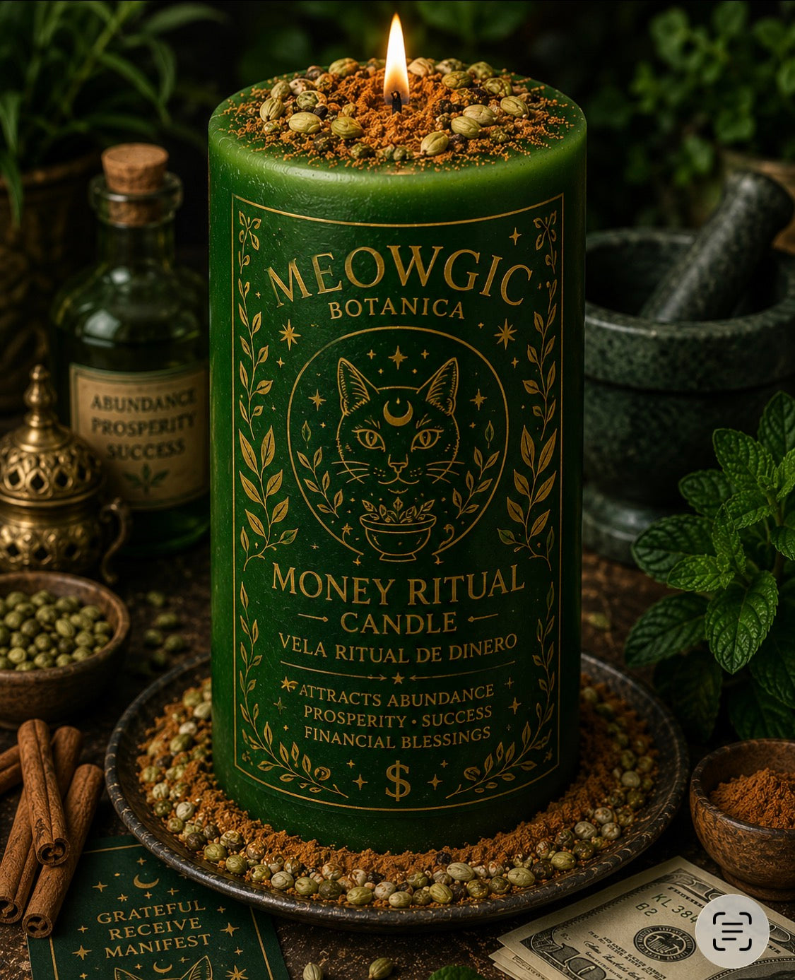 Green money ritual candle