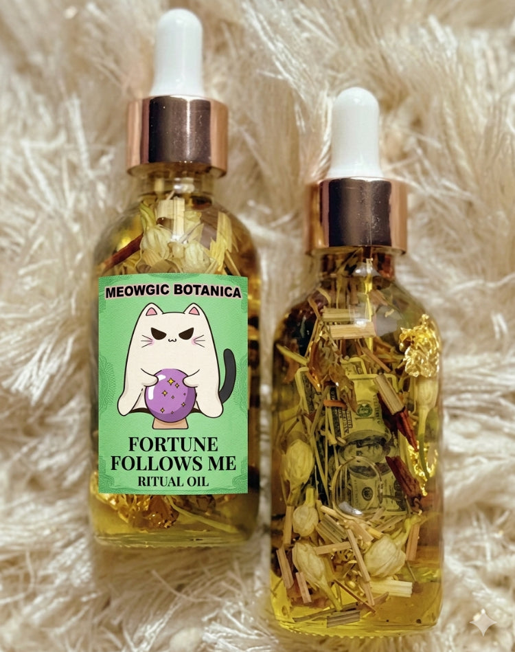 "FORTUNE FOLLOWS ME RITUAL OIL"  "ACEITE LA FORTUNA ME PERSIGUE"