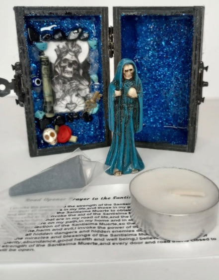 "    💙 Blue Santa Muerte Curated Box — Wisdom, Peace & Protection"                    ".  💙 Caja Curada de la Santa Muerte Azul — Sabiduría, Paz y Protección"