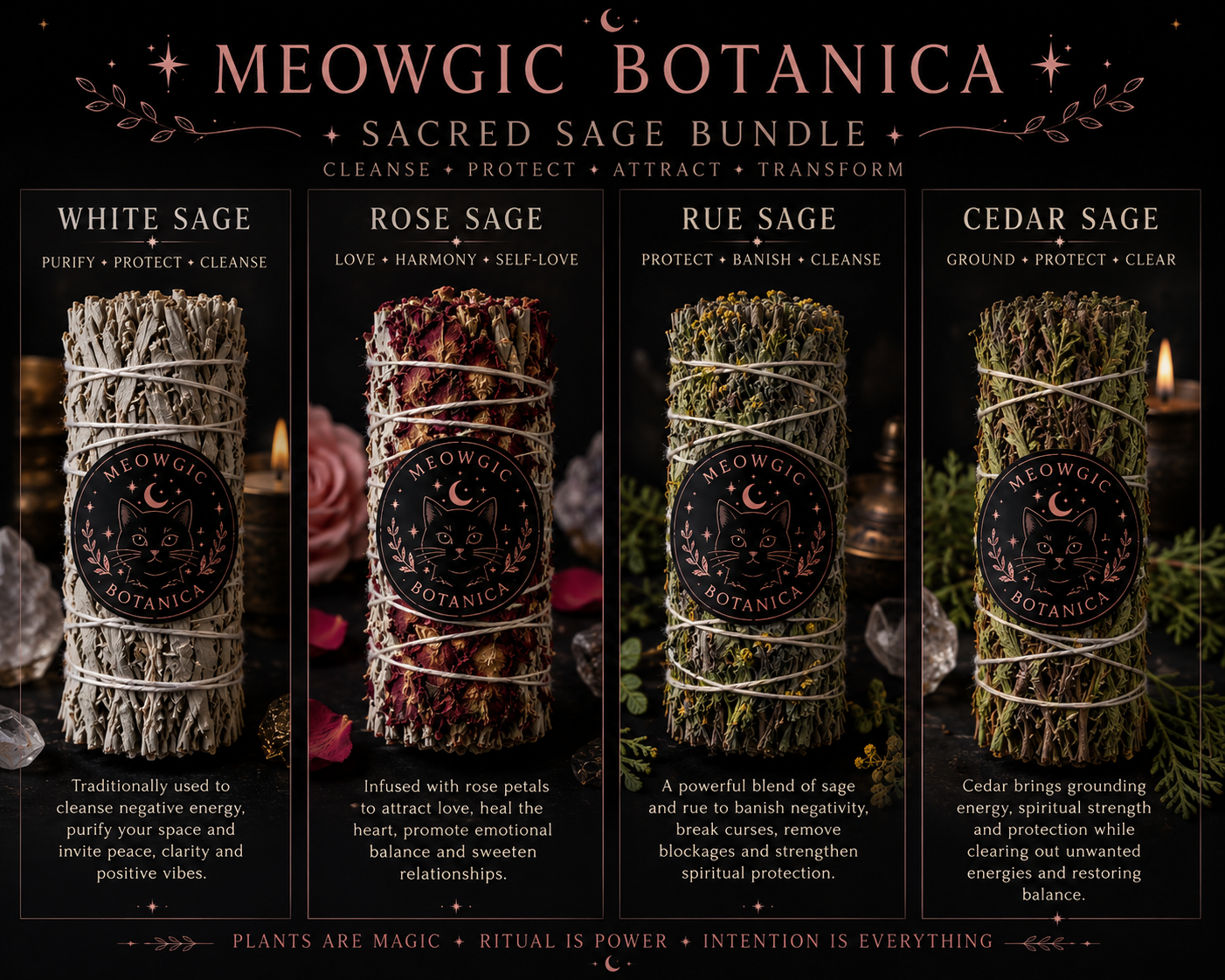 "🌿 Meowgic Botanica Sacred Sage Bundle Set " " Set Sagrado de Sahumerios Meowgic Botanica "