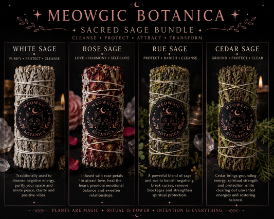 "🌿 Meowgic Botanica Sacred Sage Bundle Set " " Set Sagrado de Sahumerios Meowgic Botanica "